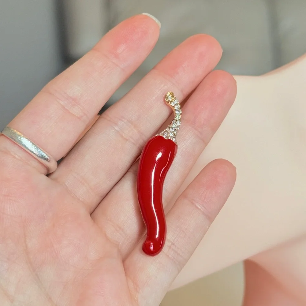 Anthropologie Red Chili Pepper Brooch with Gold and Clear Crystals